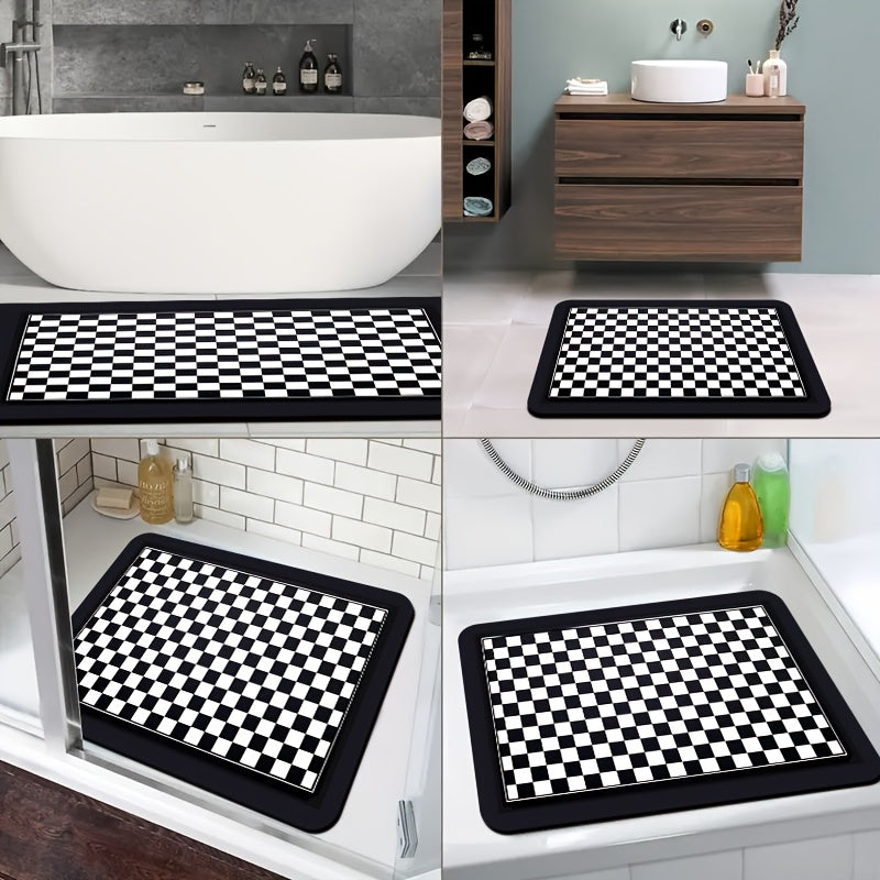 1pc Diatomite Bath Mat with Black and White Checkered Print Pattern, Quick-Dry Non-Slip Absorbent Floor Mat – Soft & Comfortable for Bathroom, Shower, Laundry Room, Bedroom, Doorway, RV Kitchen Rug, Bathroom Rugs, Non Slip Bathtub Mat, Bath Matts for