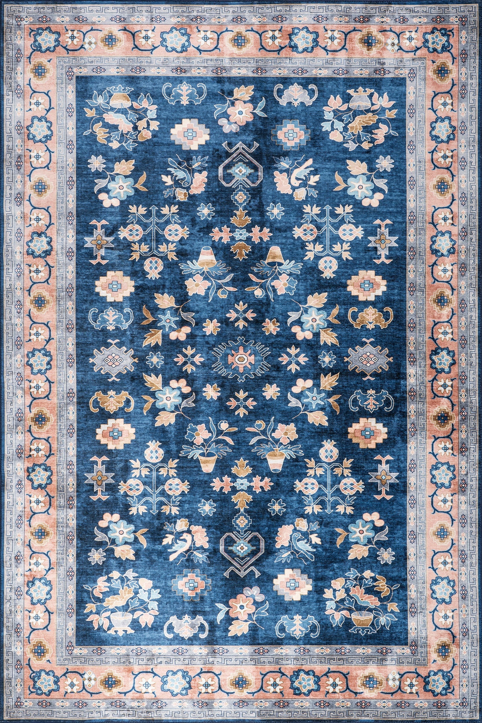 Dayflower Vintage Spill Proof Washable Rug | Blue