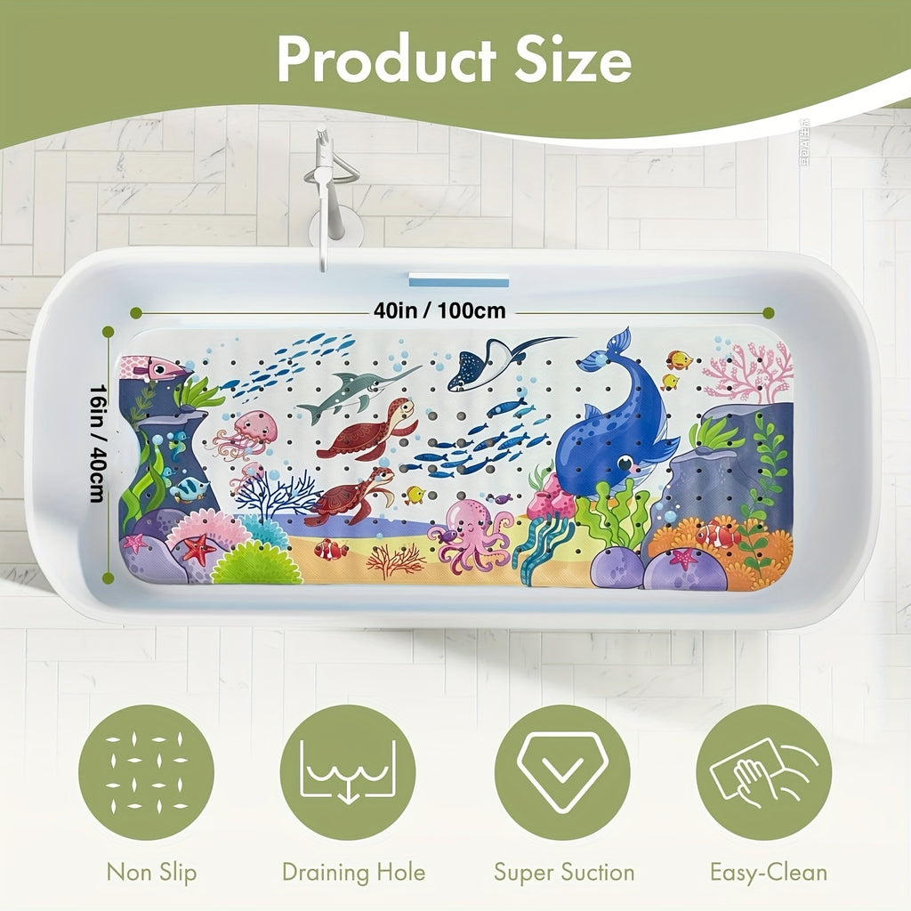 1pc Cartoon Extral Long Bath Mat, Bathtub Mat Non Slip for Bath Shower Anti Slip, 40in X 16in with Drain Holes and Suction Cups Machine Washable, Turtles Whales Ocean Theme Home Decor