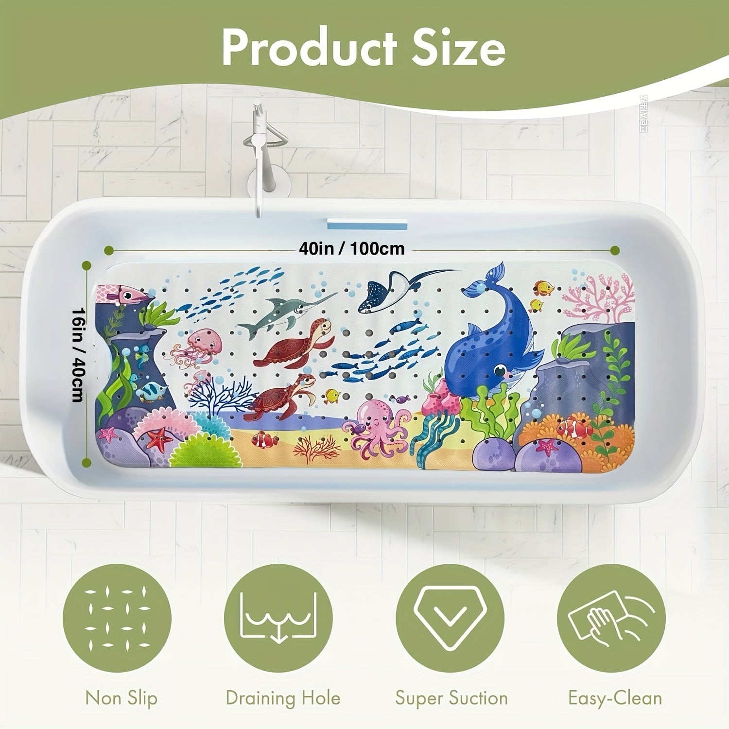 1pc Cartoon Extral Long Bath Mat, Bathtub Mat Non Slip for Bath Shower Anti Slip, 40in X 16in with Drain Holes and Suction Cups Machine Washable, Turtles Whales Ocean Theme Home Decor