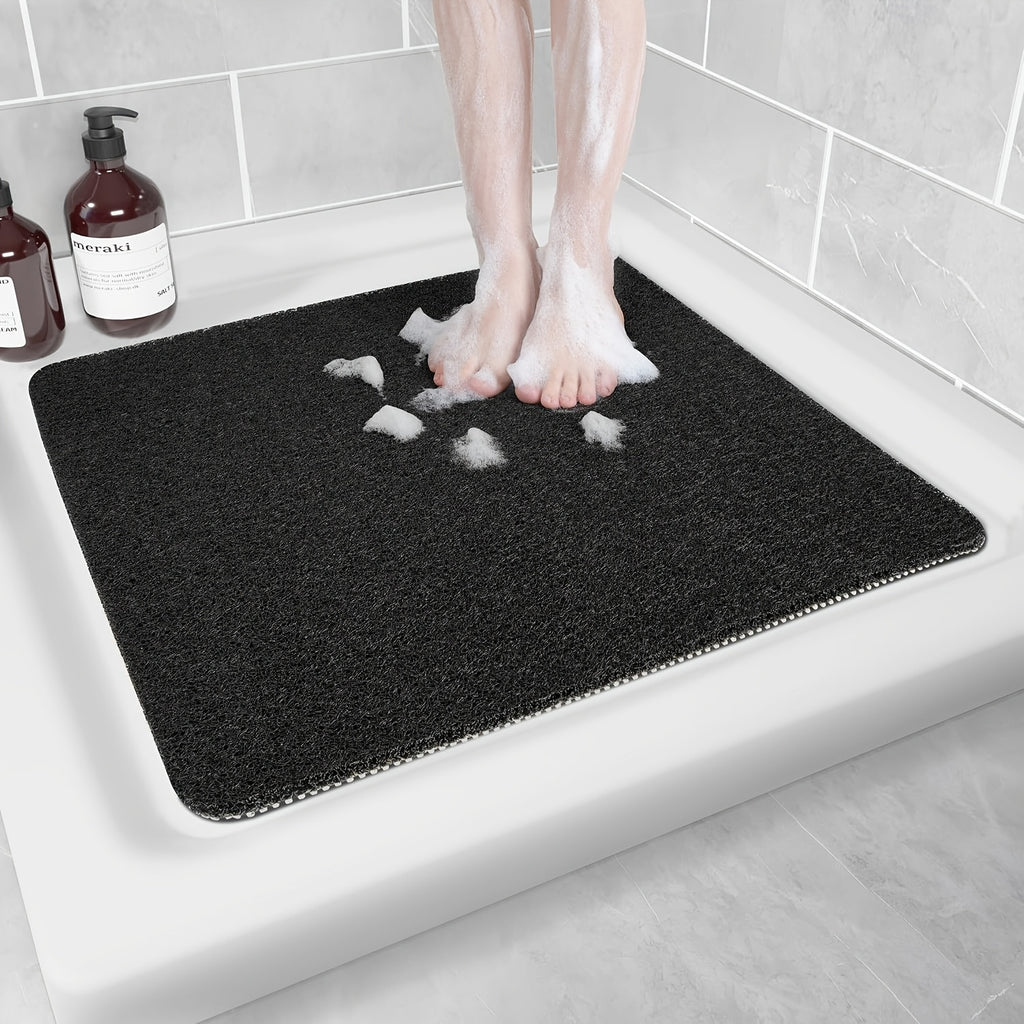 One Black Bathroom Anti-Slip Shower Mat, Multi-Size, Can Be Freely Cut, with a Grid-Lined Non-Slip Bottom, Equipped with Drainage Holes, Quick-Drying Bathroom Shower Mat, Soft PVC Loofah Bath Mat Anti-Slip, Suitable for Walk-In Showers And Kitchens,
