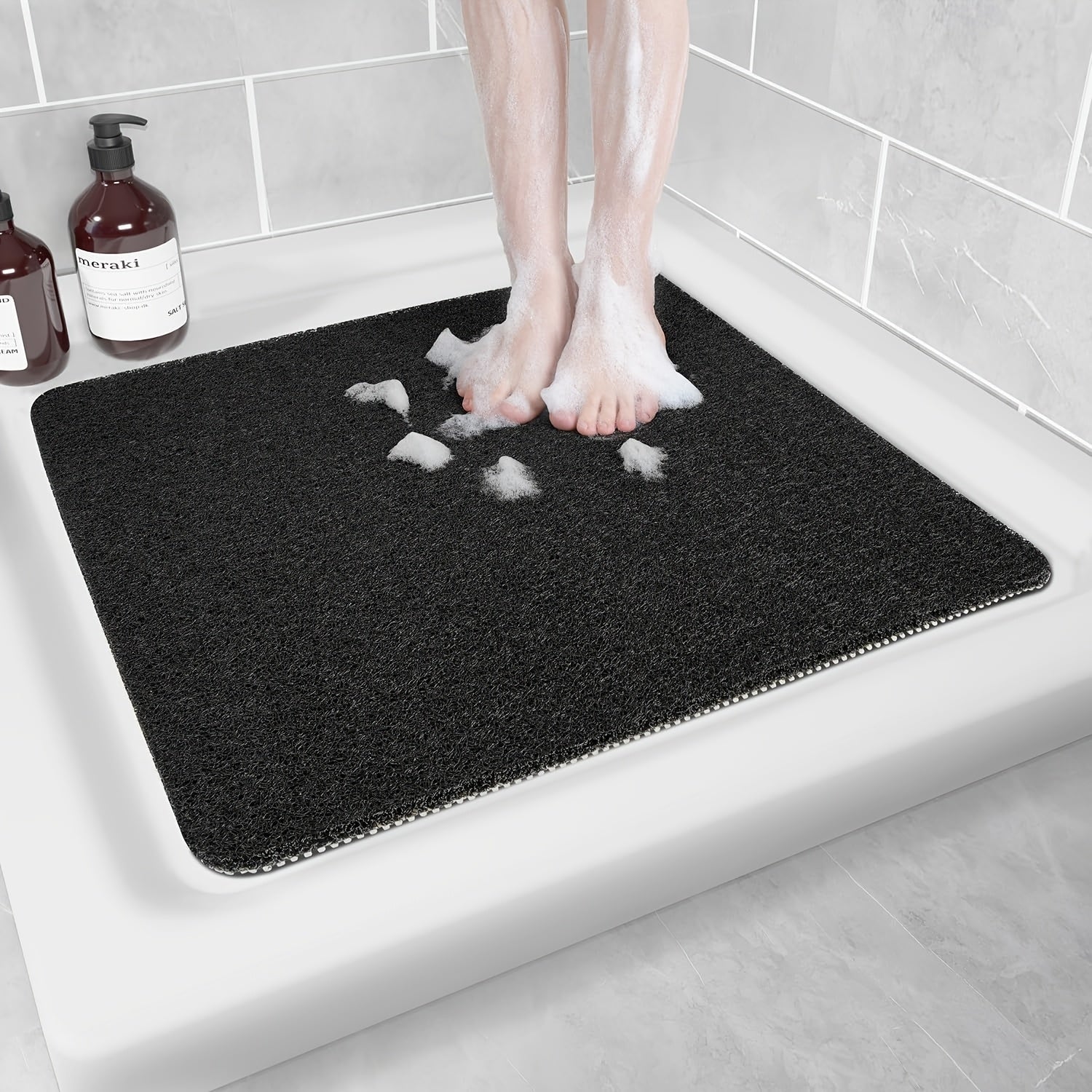 One Black Bathroom Anti-Slip Shower Mat, Multi-Size, Can Be Freely Cut, with a Grid-Lined Non-Slip Bottom, Equipped with Drainage Holes, Quick-Drying Bathroom Shower Mat, Soft PVC Loofah Bath Mat Anti-Slip, Suitable for Walk-In Showers And Kitchens,