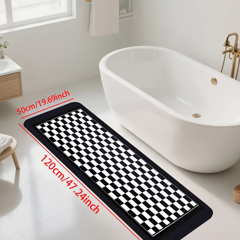 1pc Diatomaceous Earth Bathroom Non-Slip Mat, Black and White Checkered Pattern Print Design, Quick-Dry, Absorbent Floor Mat, Soft and Comfortable, Suitable for Bathrooms, Showers, Laundry Rooms, Bedroom, Door Mats, Kitchen Floor Mats, RV Bathrooms