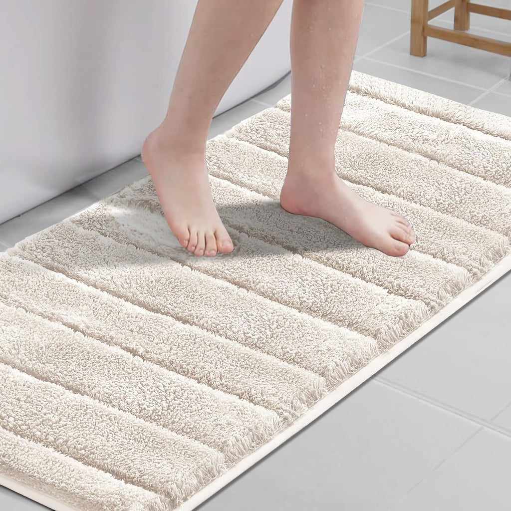 2pcs Bathroom Rugs Thick Velvet Bath Rug Super Shaggy Soft Non-Slip Water Absorbent Striped Bath Mat Quick Dry Washable Fluffy Plush Bathroom Floor Rugs for Shower PRINCEDECO