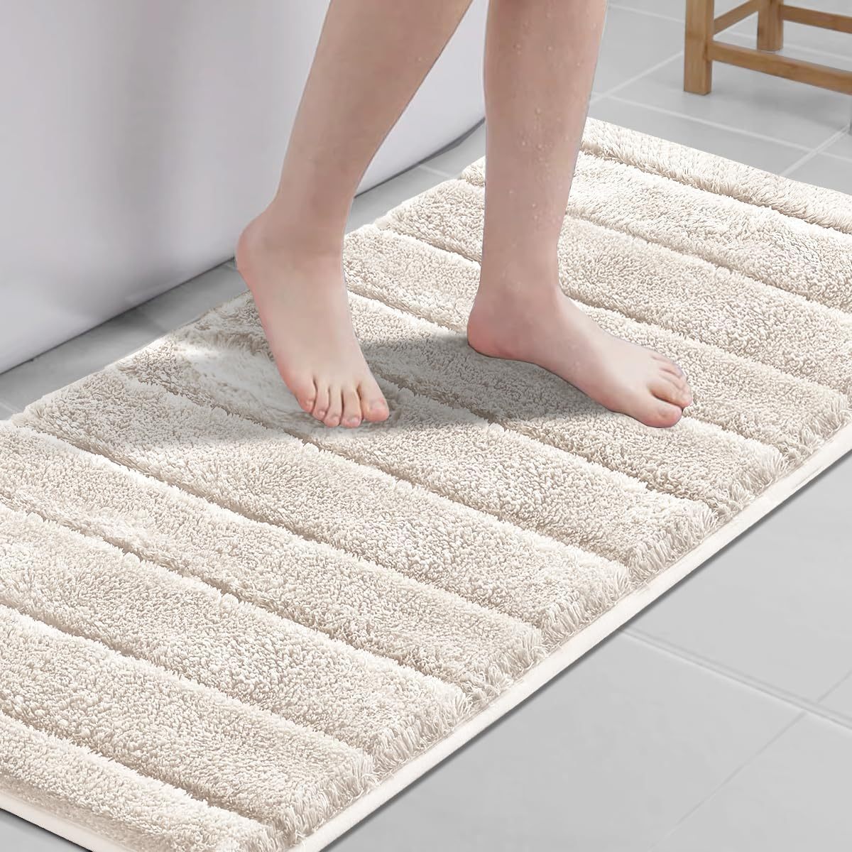 2pcs Bathroom Rugs Thick Velvet Bath Rug Super Shaggy Soft Non-Slip Water Absorbent Striped Bath Mat Quick Dry Washable Fluffy Plush Bathroom Floor Rugs for Shower PRINCEDECO