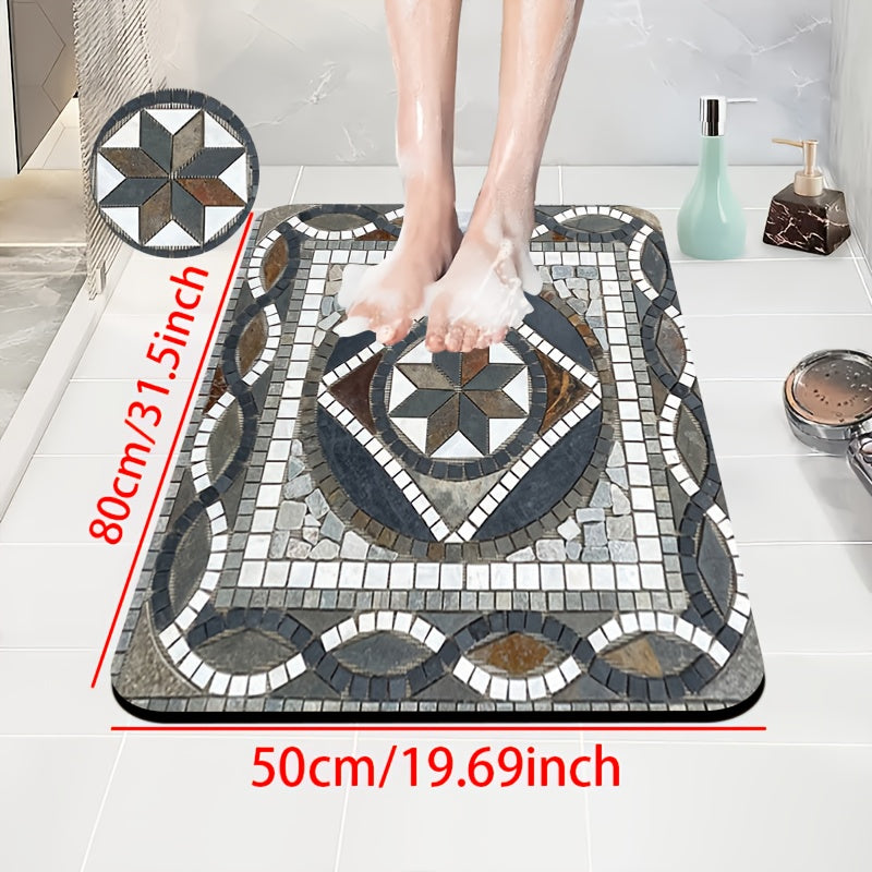 1pc Diatomaceous Earth Bathroom Non-Slip Mat, Classic Geometric Pattern Stone Mosaic Design Printed Design, Quick-Drying, Non-Slip Absorbent Floor Mat, Soft And Comfortable, Suitable for Bathrooms, Showers, Laundry Rooms, Bedrooms, Door Mats, Kitchen