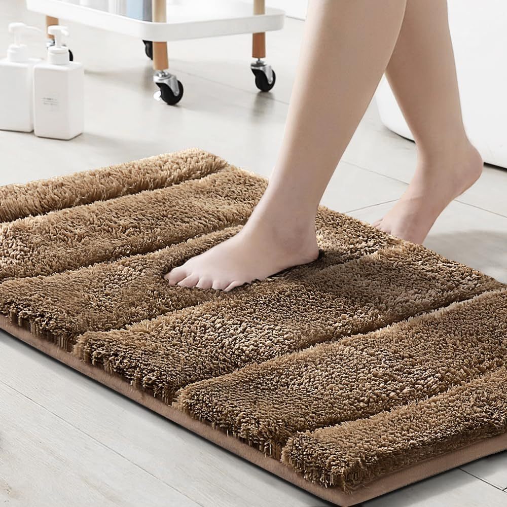2pcs Bathroom Rugs Thick Velvet Bath Rug Super Shaggy Soft Non-Slip Water Absorbent Striped Bath Mat Quick Dry Washable Fluffy Plush Bathroom Floor Rugs for Shower PRINCEDECO