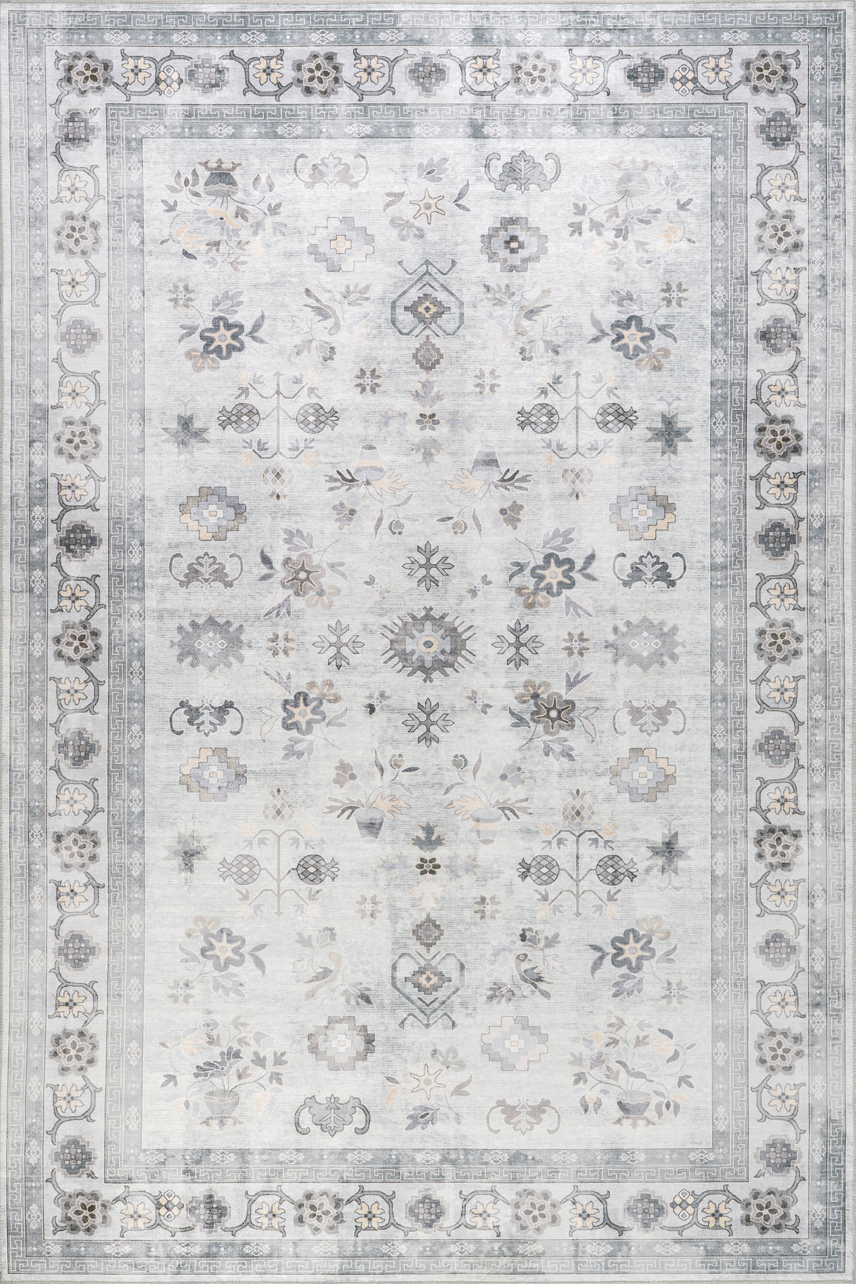Dayflower Vintage Spill Proof Washable Rug | Light Grey