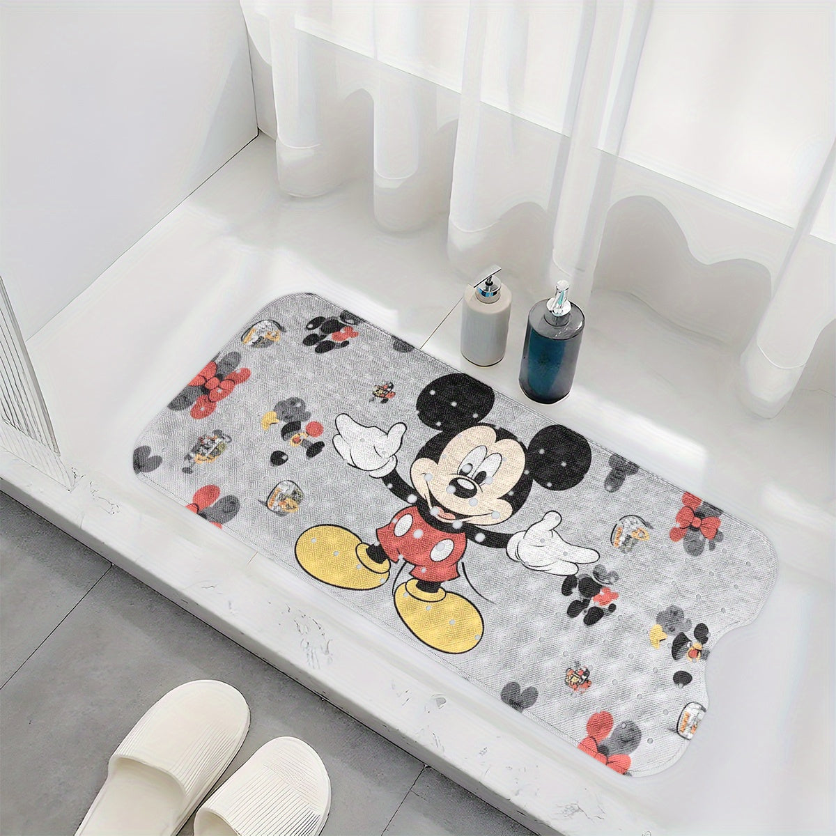 1pc Mickey Mouse Non-Slip Bath Mat - Extra Long Shower (15.7x39.3in) with Anti-Slip Backing, Drainage Hole & Suction Cups - Mickey & Footprints Bathroom Decor for Home, Travel - Machine Washable PVC Floor Mat, Bathroom Decor And Accessories, Cartoon