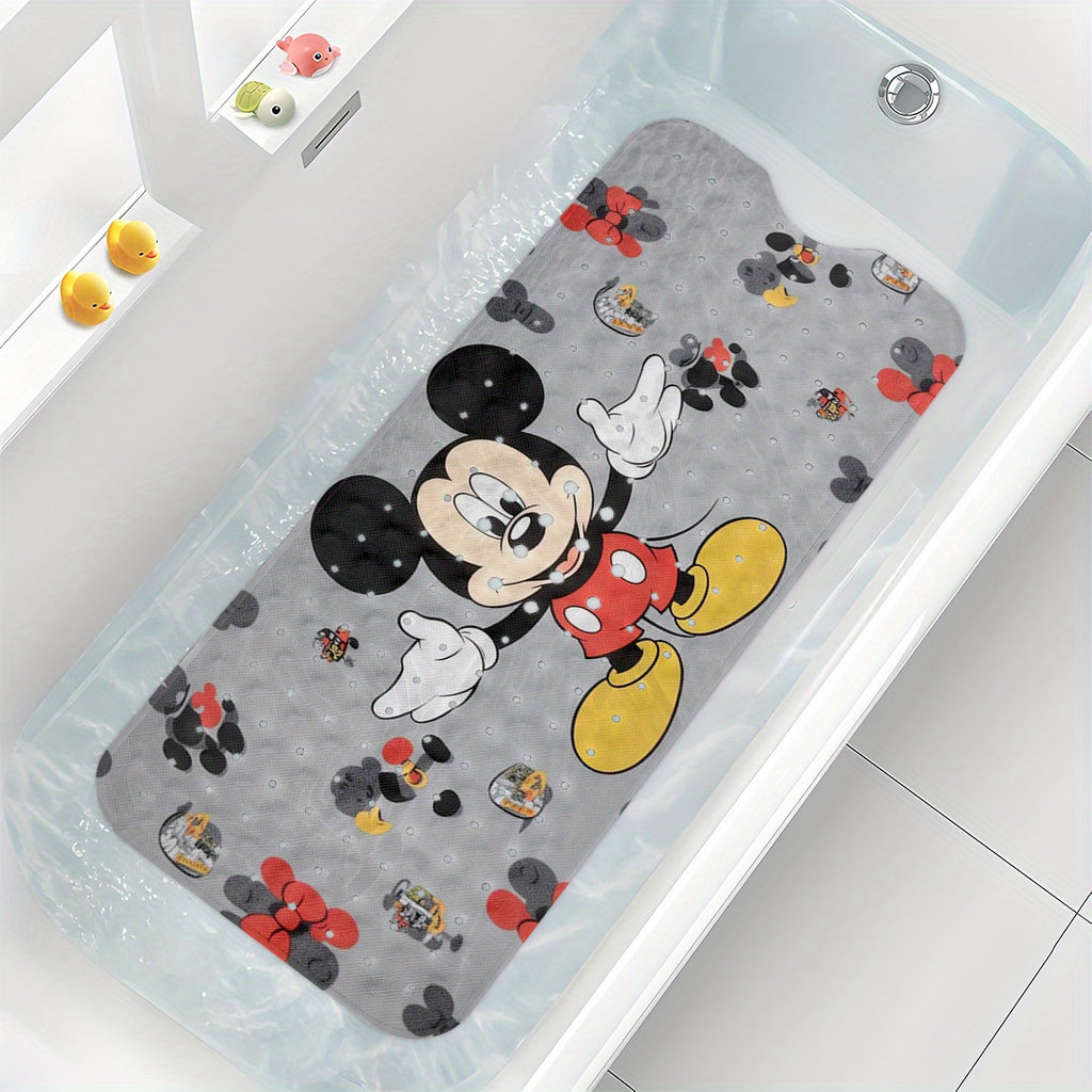1pc Mickey Mouse Non-Slip Bath Mat - Extra Long Shower (15.7x39.3in) with Anti-Slip Backing, Drainage Hole & Suction Cups - Mickey & Footprints Bathroom Decor for Home, Travel - Machine Washable PVC Floor Mat, Bathroom Decor And Accessories, Cartoon