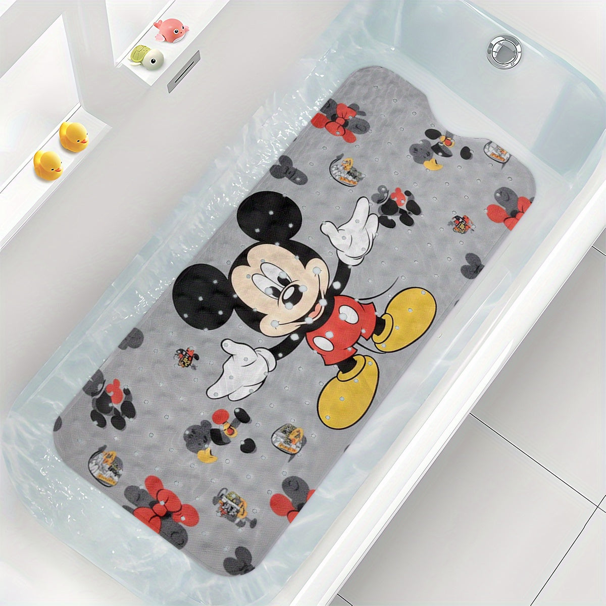 1pc Mickey Mouse Non-Slip Bath Mat - Extra Long Shower (15.7x39.3in) with Anti-Slip Backing, Drainage Hole & Suction Cups - Mickey & Footprints Bathroom Decor for Home, Travel - Machine Washable PVC Floor Mat, Bathroom Decor And Accessories, Cartoon