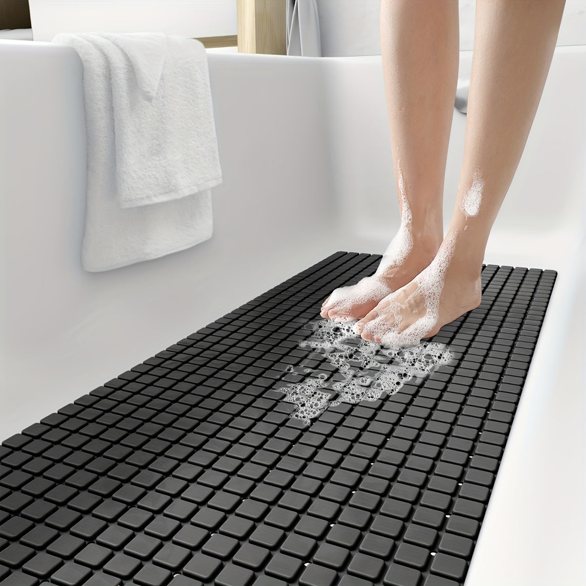 [Non-Slip Bath] DEXI Extra Long Non-Slip Bath Tub Mat - 15.7" x 39.4" Gray PVC with Suction Cups & Drain Holes, Machine Washable - Ideal for a Safer, More Comfortable Shower Experience