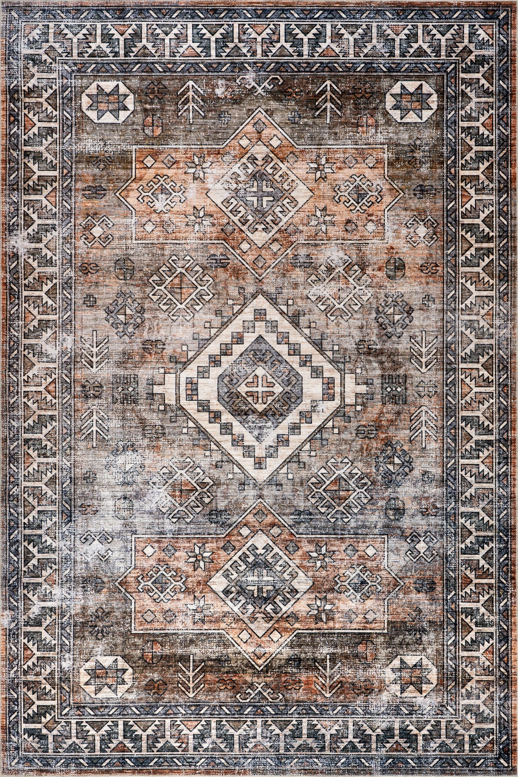 Faded Geometric Spill Proof Washable Rug | Rust