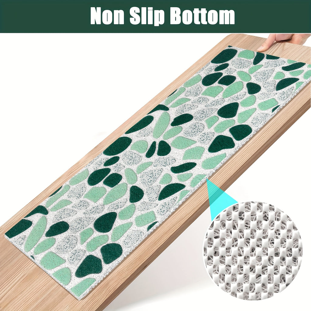Green Pebble Design Hollow High Quality Bath Mat with Drain Holes, Quick-Dry Non-Slip Shower Mat, Soft and Comfortable PVC Loofah Massage Bath Rug for Wet Areas