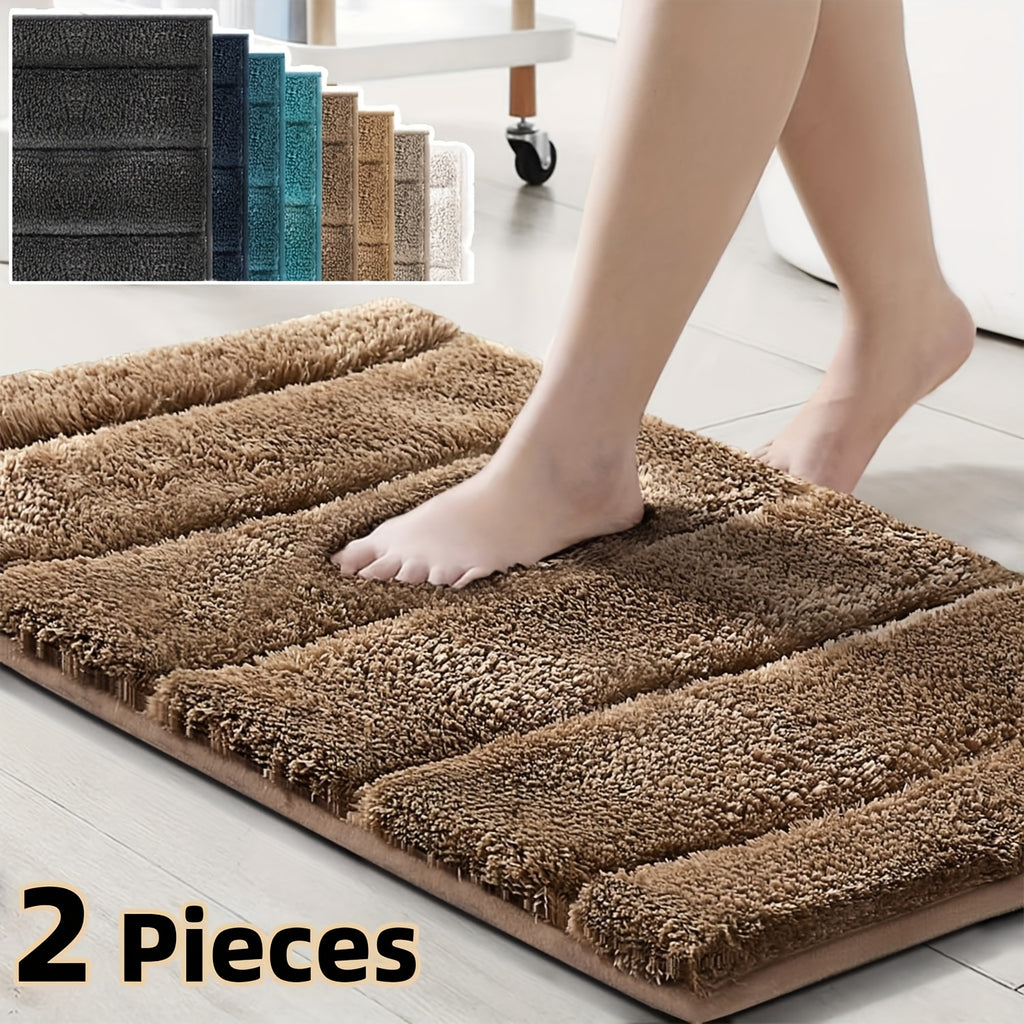 2pcs Bathroom Rugs Thick Velvet Bath Rug Super Shaggy Soft Non-Slip Water Absorbent Striped Bath Mat Quick Dry Washable Fluffy Plush Bathroom Floor Rugs for Shower PRINCEDECO