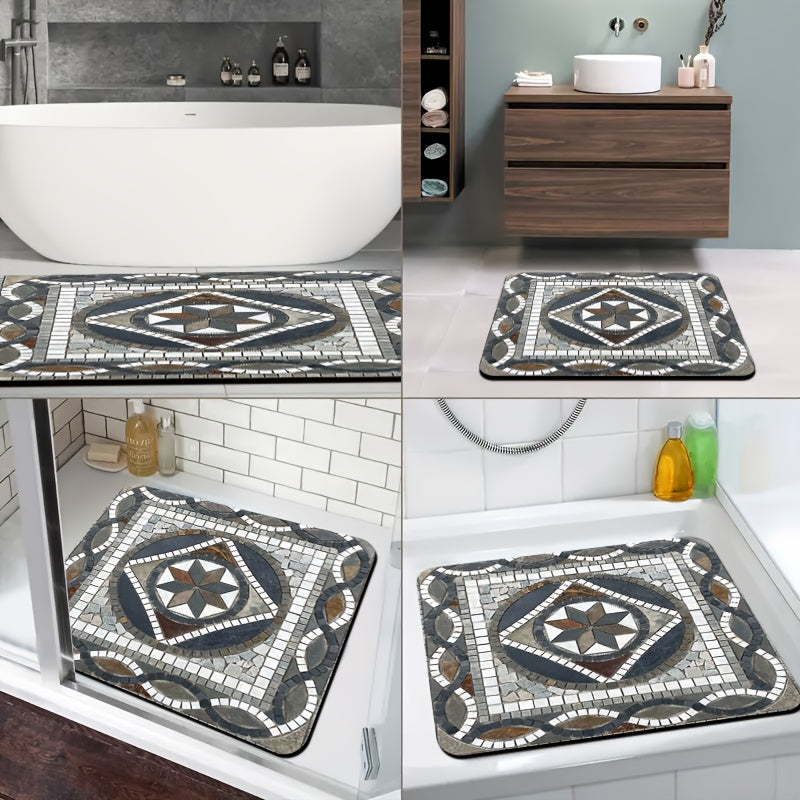 1pc Diatomaceous Earth Bathroom Non-Slip Mat, Classic Geometric Pattern Stone Mosaic Design Printed Design, Quick-Drying, Non-Slip Absorbent Floor Mat, Soft And Comfortable, Suitable for Bathrooms, Showers, Laundry Rooms, Bedrooms, Door Mats, Kitchen